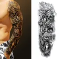 Waterproof full arm temporary tattoo with skull clock and rose design for men - Skull Rose Clock Eyes Style (TQB-02)