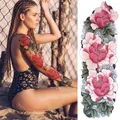 Temporary full arm tattoo sticker with realistic pink peonies and blue clouds - Pink Peony Auspicious Cloud Style (TQB-26)