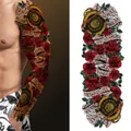 Full arm temporary tattoo with red roses and vintage pocket watches design - Red Rose Vintage Pocket Watch Style (TQB-30)