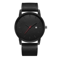Minimalist quartz men's watch with matte black dial, red second hand and leather strap - Black Strap Black Dial