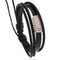 Mehrlagiges geflochtenes schwarzes Lederarmband mit weißer Baumwollschnur und Kordelzug - Schwarz