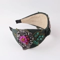 Deep green headband with exquisite floral embroidery and sparkling colorful sequins - Malachite green