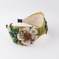 Detail of bohemian floral headband with embroidered petals and sparkling rhinestones - Yellow