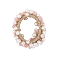 Close-up of beaded hair tie featuring white pearls and pink crystal beads on woven cord - Pink Crystal