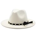 Elegant white wool fedora hat with black pearl chain ribbon and velvet bow tassel - White