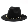 Close-up of black fedora wool hat featuring elegant pearl band and pendant detail - M (56-58cm) / Black