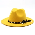 Detailed view of yellow wool fedora hat featuring black ribbon and pearl chain trim - M (56-58cm) / Yellow