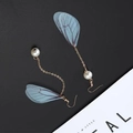 Handmade drop earrings featuring light blue tulle wings and elegant white pearls - Blue A