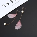 Pink gradient butterfly wing earrings with long gold tassels and white faux pearls - Plum Red A