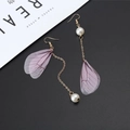 Asymmetric long fringe earrings with purple translucent wing charms and white pearls - Type A Pink