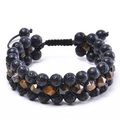 Three-layer adjustable bracelet with black lava rock and brown tiger eye stone beads - 8mm 3-Row Lava Stone Tiger Eye Bracelet