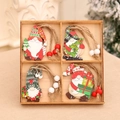 Detail view of 4-piece set of painted wooden gnome Christmas ornaments in a wooden box - Style 1 (Nordic Gnome Type A)