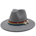 Detail of grey wool fedora featuring rainbow band with pearls and floral ornaments - Light Gray