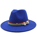 Close-up of dark blue wool fedora featuring colorful rainbow band and pearl embellishments - Sapphire Blue