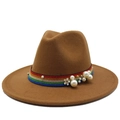 Detail of brown wool fedora hat featuring rainbow ribbon with pearls and flower - Light Coffee