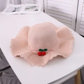 Pink woven straw sun hat with wavy brim and red cherry crochet detail for beach - M / Flesh Pink