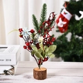 Mini sapin de Noël artificiel avec baies rouges sur socle en bois naturel pour décor - Style Chrysanthème Bleu