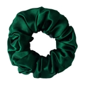 Detailed view of glossy dark green 100% mulberry silk scrunchie with a satin finish - Dark Green