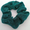 Teal green scrunchie with metallic glitter fabric and ruffled elastic hair tie design - Lake Green