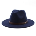 Detail of navy blue wool fedora hat with brown band and vintage metal badge ornament - M (56-58cm) / Navy Blue