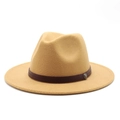 Detail view of camel wool fedora hat featuring a vintage metallic logo on leather band - M (56-58cm) / Camel