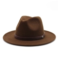 Detail of coffee brown fedora featuring a patterned leather band and metal logo emblem - M (56-58cm) / Dark Coffee
