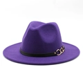 Detail of purple wool fedora hat featuring black faux leather band and gold metal chain - Purple