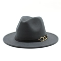 Detailed view of a dark grey wool fedora hat with a black leather band and gold buckle - M (56-58cm) / Dark Gray