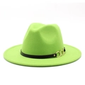 Detail of green wool fedora hat featuring black leather band and gold chain buckle - M (56-58cm) / Fluorescent Green