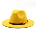 Detail of yellow wool fedora featuring a wide flat brim and black leather band with gold buckle - Yellow