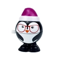 Detail of wind-up penguin toy with purple hat and red glasses on white background - Wind-up Jumping Penguin Series
