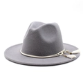 Detail of grey wool fedora hat featuring ivory woven rope band and metallic tassel charms - Light Gray