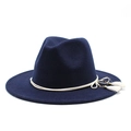 Detail of navy blue wool fedora hat featuring ivory rope band and elegant side tassels - Navy Blue