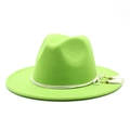 Detail of neon green wool fedora hat with white rope band and tassel fringe decoration - Fluorescent Green