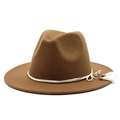 Detail of wool felt fedora featuring a white rope band and metallic tassel accents - Light Coffee