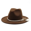 Detailed view of brown felt fedora hat featuring white tassel rope and gold metal accents - Dark Coffee
