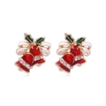 Charming red bell stud earrings with green leaves and crystals for Christmas - Pure Red Christmas Bell