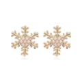 Golden snowflake stud earrings featuring centered pearl and sparkling crystal accents - Gold Rhinestone Snowflake