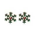 Golden snowflake earrings with green enamel and a red rhinestone center for women - Red Green Snowflake