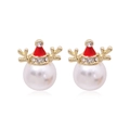 Christmas snowman earrings with golden reindeer antlers, red enamel, and large pearls - Pearl Reindeer Head