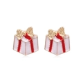 Christmas gift box stud earrings in gold alloy with red and white enamel detailing - Gift Box 3