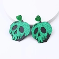 Green glitter skull earrings with melting design and heart studs for Halloween - Green Glitter Skull