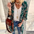 Women's summer bohemian green floral print cardigan styled with casual white t-shirt and jeans - S / Tops / Green
