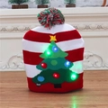 Knitted Christmas hat with red white stripes, LED lights, and green tree pattern - Red White Christmas Tree