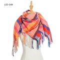 Colorful striped checkered scarf with fringe tassels in orange red and blue hues - Orange