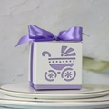 Hollow laser-cut baby carriage candy box in lavender purple with silk bow accent - Purple