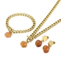 Golden OT buckle jewelry set featuring Cuban chains and orange heart stone pendants - Dark Brown Set (KS189499-BH)