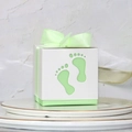 Mint green hollow baby footprint candy box with white lid and matching ribbon bow decoration - Green