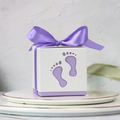 European baby shower candy box with hollow footprints design and purple satin ribbon - Purple