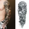 Waterproof full arm temporary tattoo featuring realistic black and white tiger and rose design - Tiger Floral Pocket Watch Style (TQB-03)